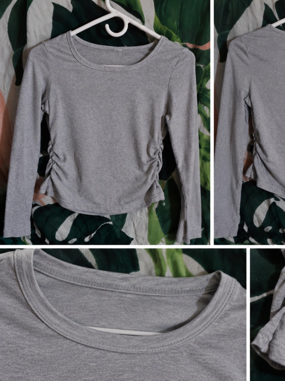 Women's Gray Long-Sleeve Cropped Ruched Side Top